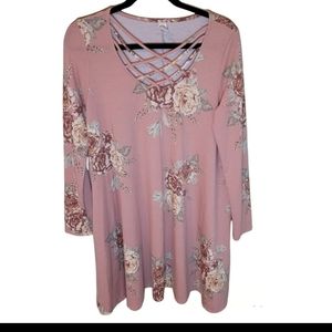 CY rose pink floral short sleeved dress with pockets. Criss-cross design.